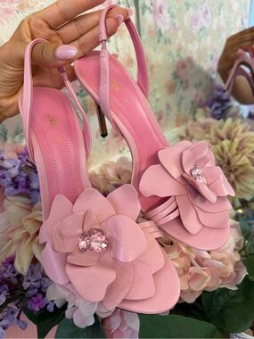 Zara Light Pink Floral Slingback Heels with Gem Accent